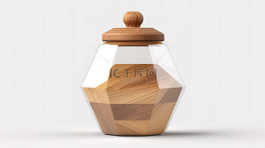 木制茶壶背景图片_带木盖的独立剪出六角形罐子模型的 3D 渲染