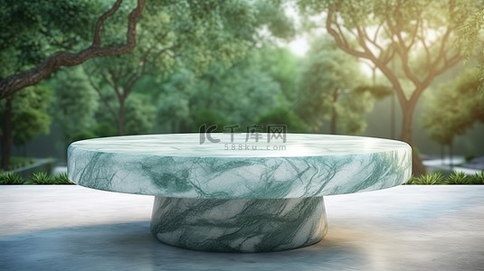 设计的花园背景图片_虚拟设计一张空白的大理石桌子，坐落在郁郁葱葱的花园环境中