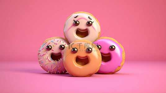各种卡通甜甜圈排列在使用 3D 渲染创建的充满活力的粉红色背景上