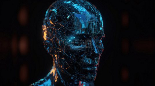 3d全息背景图片_未来派全息机器人头与抽象 3D 渲染中的破折号加密面