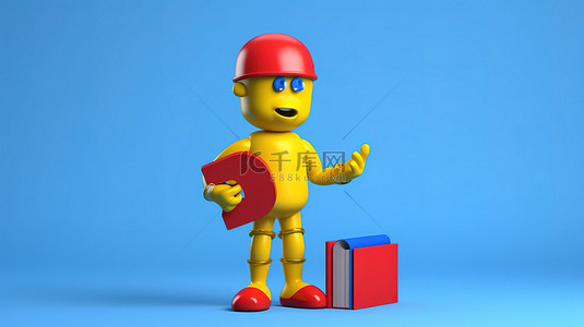 红色问号背景图片_3d 渲染的蓝色书吉祥物，黄色背景上带有红色问号