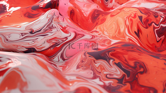 背景中流动的大理石红色墨水的抽象 3D 渲染