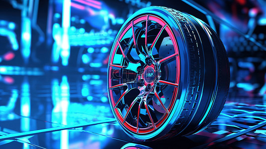 未来派背景突出了 3D 渲染图像中的汽车车轮