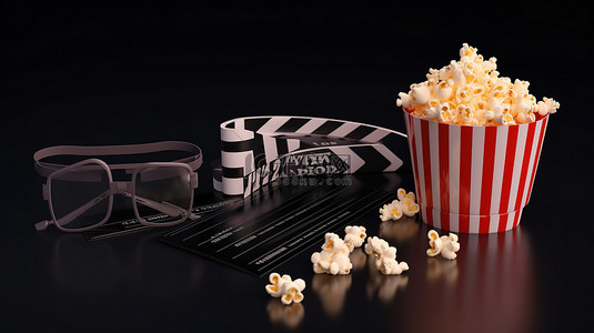 场记板背景图片_3D电影必需品场记板爆米花和眼镜