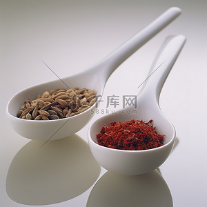 银耳枸杞汤背景图片_两个白色勺子，装有小碗和大碗香料