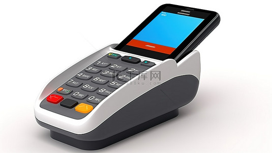 购物扫码支付背景图片_白色支付终端和电话的独立 3D 插图