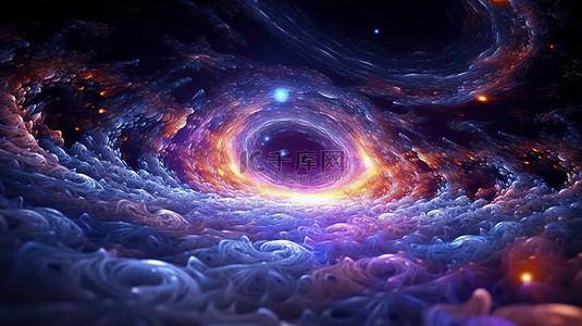 真实宇宙背景图片_以发光的分形线下降到星云，一个不真实的抽象背景的宇宙 3D 插图
