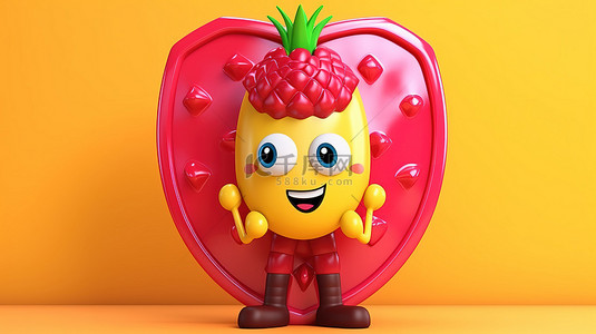 黄色背景的 3D 渲染，带有巨大的草莓粉色釉面甜甜圈角色吉祥物和红色金属保护罩