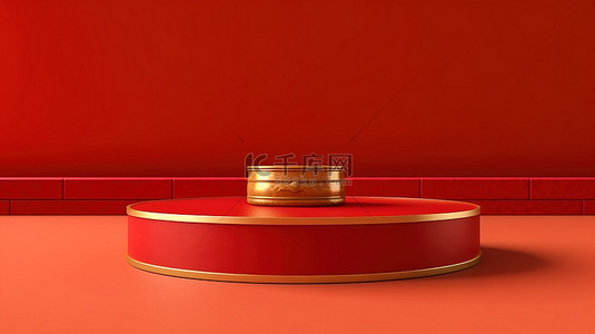 中国炒锅和凸起平台，位于大胆的红色背景 3D 渲染图像上，用于推广产品