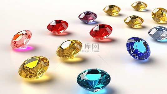 翡翠背景图片_3D 插图中排列在纯白色表面上的充满活力的钻石宝石