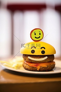 表情包问号背景图片_侧面贴有笑脸贴纸的汉堡