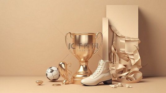 装饰奖杯背景图片_米色背景上带有足球装备和 3D 设计几何装饰的金色奖杯