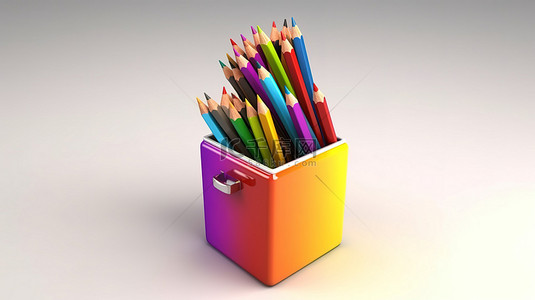 充满活力的彩虹铅笔在开放的铝盒中翱翔，令人着迷的 3D 插图