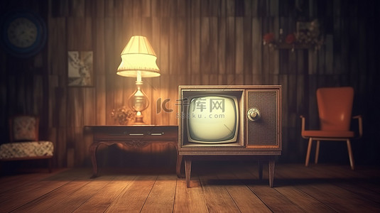 电视娱乐背景图片_3D 渲染的木桌上带有复古电视的老式照片