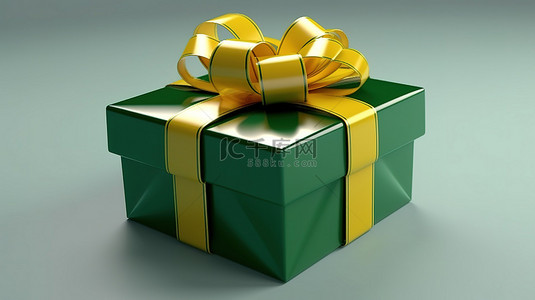 用黄丝带和蝴蝶结装饰的 3d 绿色礼品盒