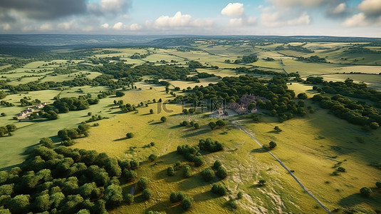 沉浸式 3D 渲染，从上方呈现宁静的英国乡村郁郁葱葱的田野和翠绿的树木