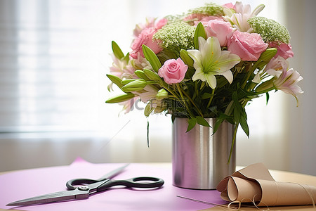 花瓶里的花和剪刀在桌子附近