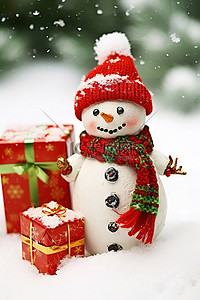 雪人在冰雪覆盖的场景中带着圣诞礼物