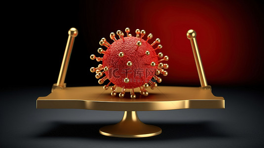 金币和红日冕病毒之间的跷跷板 3D 渲染图像