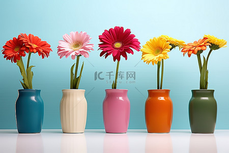 五颜六色的花瓶里排列着五颜六色的花朵