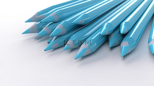 童蓝色背景图片_在 3d 渲染中呈现的浅蓝色铅笔的集合