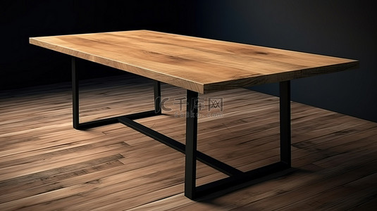 小座位背景图片_带黑色铁腿的矩形木制阁楼桌，用于家具销售的高质量 3D 渲染