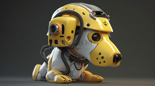 黄字购物袋背景图片_用 3D 渲染描绘的黄盔工程狗机器人
