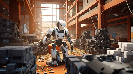 游戏机器制造背景图片_3D 渲染中的机器人劳动力计算机辅助制造