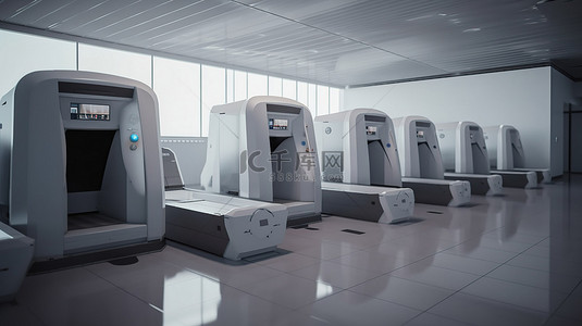 机场安全检查站运行中的行李扫描机 3d 渲染图像