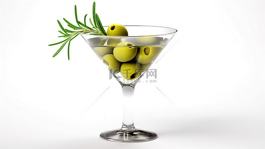 旅游瓶背景图片_3d 渲染橄榄和水滴在白色背景上隔离的马提尼杯上