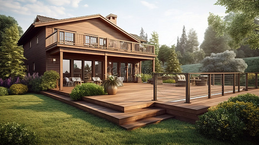 草坪住宅背景图片_华丽住宅的惊人 3D 可视化效果，拥有宽敞的木甲板和郁郁葱葱的草坪