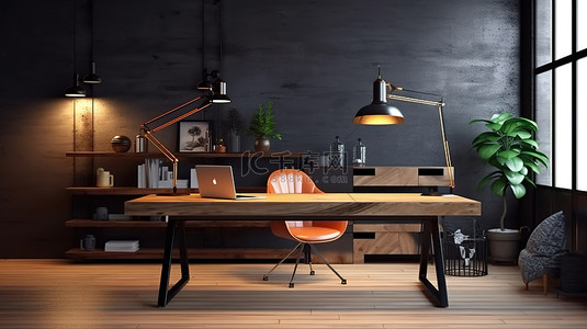 现代而别致的家庭办公室内部，在光滑的深色木质办公桌上设有电脑模型 3D 渲染