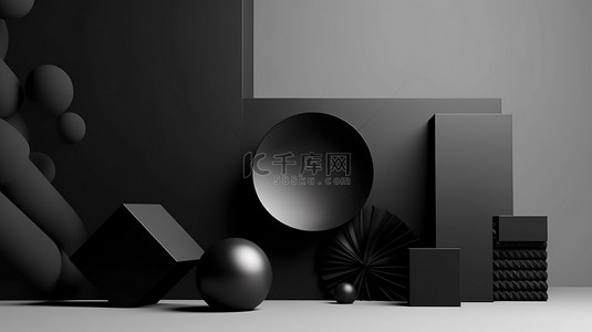 黑色哑面背景图片_灰色背景上的各种几何形状 3D 抽象，带有哑光和光泽黑色饰面优质照片