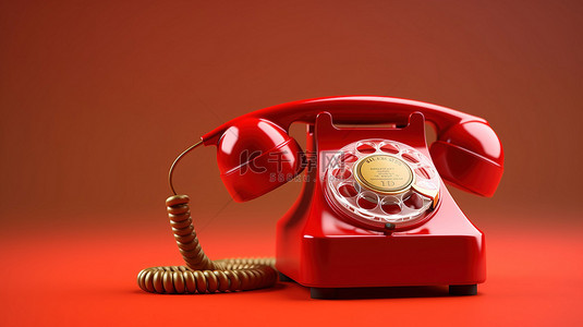 充满活力的红色背景 3D 渲染上的复古风格红色电话