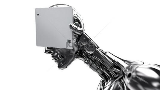 手握卡片背景图片_在白色上隔离，一个机器人的空手拿着一张 3d 渲染的卡片