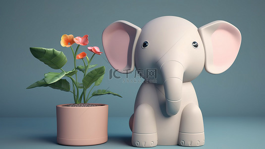 3D 渲染中迷人的大象与可爱的花盆