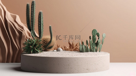 带有仙人掌和沙子元素的讲台混凝土产品展示台 3d 渲染