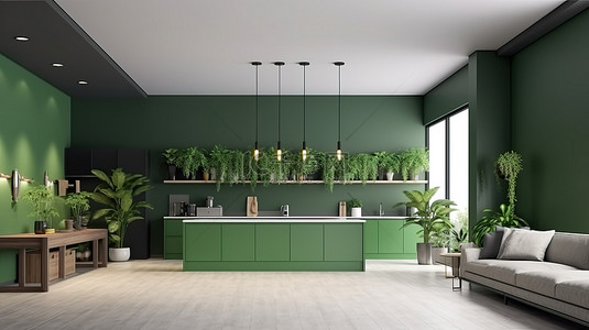 现代客厅和厨房，在 3D 渲染中拥有郁郁葱葱的绿色墙壁植物装饰