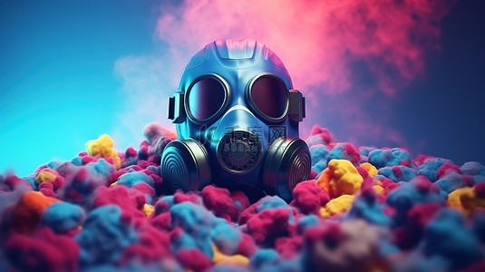 福袋线描背景图片_蓝色背景下烟雾和充满活力的球体中防毒面具的 3D 渲染
