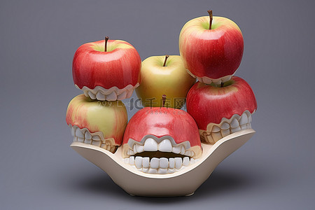 咬人背景图片_牙齿模型上的一个苹果，有很多苹果