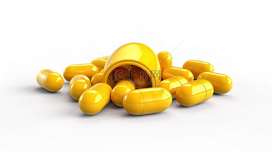 黄色健康促进剂一系列膳食补充剂片剂隔离在白色背景 3D 插图上