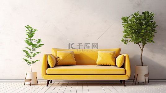 客厅白墙背景黄色沙发和装饰元素的 3D 渲染
