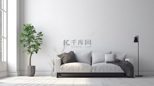 当代居住空间设计室内可视化灰色沙发毗邻空荡荡的白墙计算机生成的图像