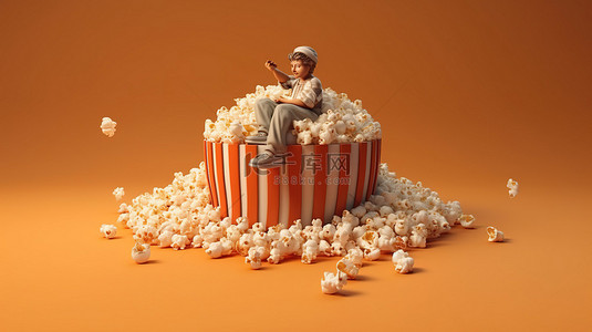 恐怖电影背景图片_3D 渲染的男人坐在胶卷上享用爆米花的插图