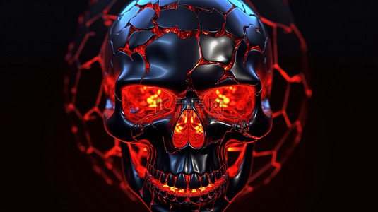 3D 渲染的头骨与火红的眼睛在纹理背景下