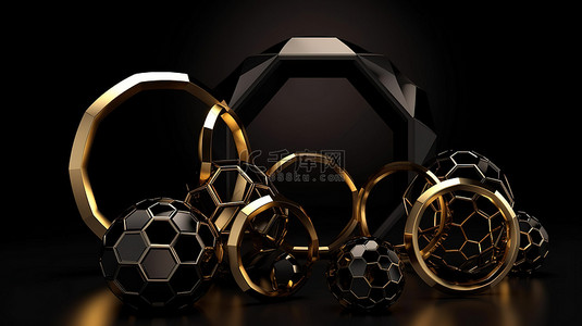 现代产品模板，具有黑色几何形状六边形球体圆锥体和甜甜圈，在 3D 渲染的光滑黑色背景下通过金色环框飙升