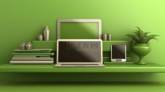 绿色墙架装饰着笔记本电脑手机和数字平板电脑 3D 插图