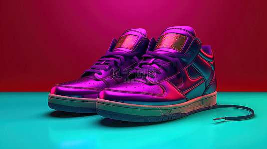 紫色背景上的经典运动鞋和浮雕 3D 眼镜