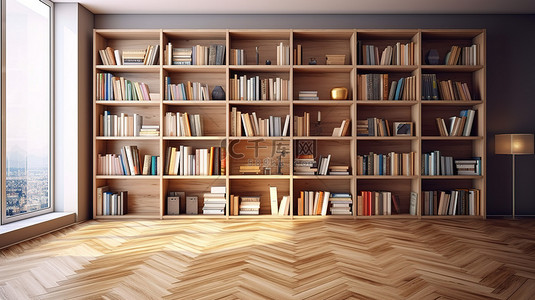 木质镶木地板的逼真 3D 渲染与图书馆现代书架设计