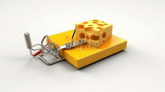 白色背景上的捕鼠器和奶酪的 3D 孤立插图
